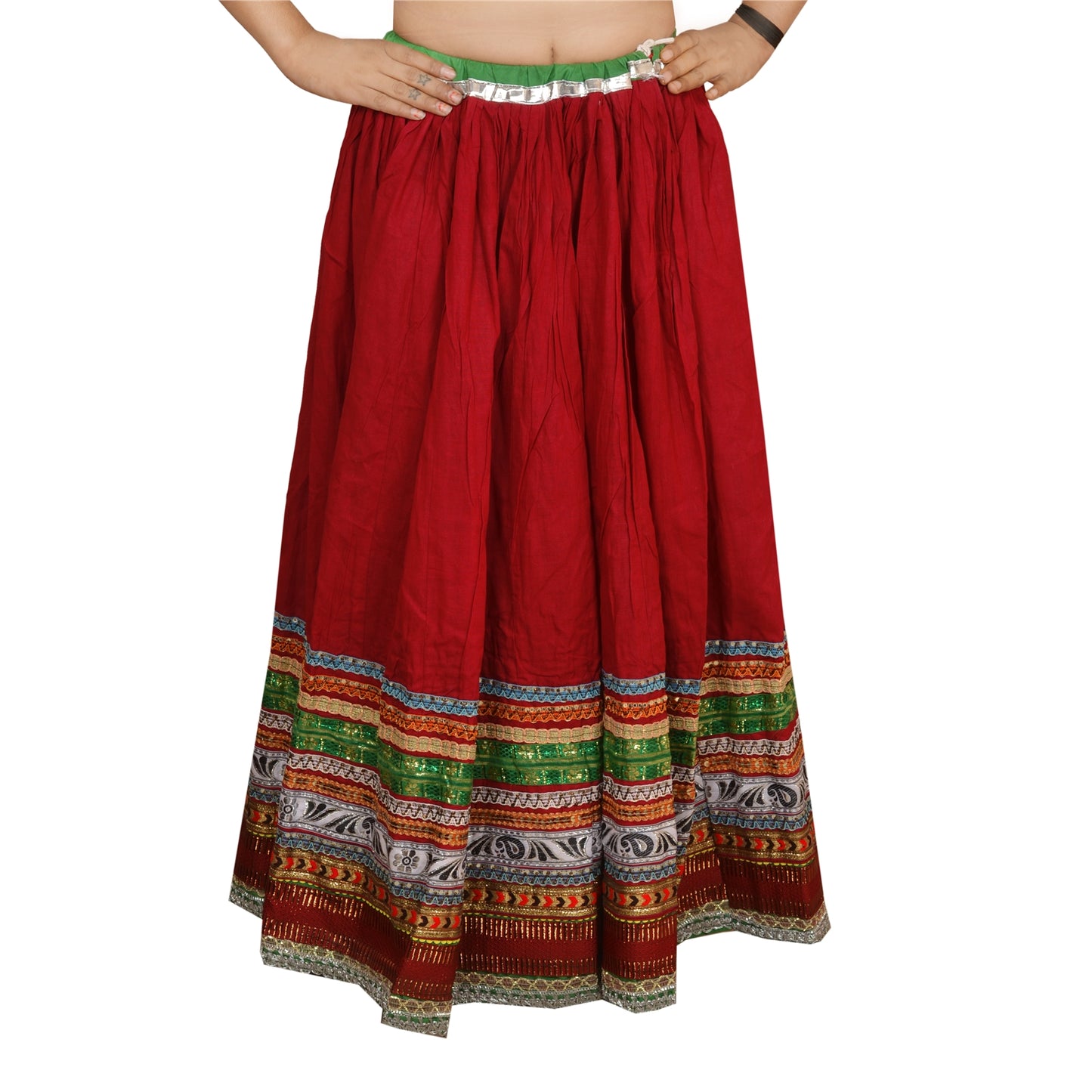 Sanskriti Maroon Cotton Embroidered Gopi Skirt | Long Party Wear Lehenga with Lace Work
